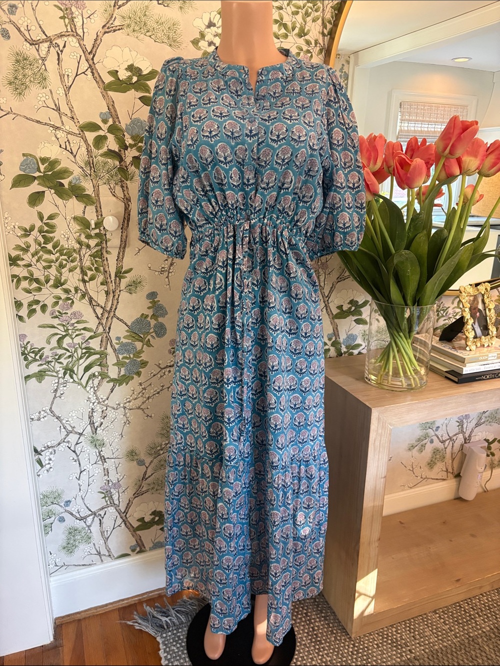 Emerson Fry Blue Floral Maxi Dress with Smocked Waist